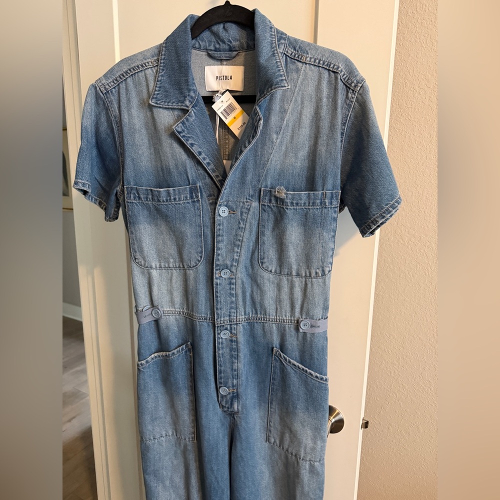 pistola Light Blue Denim Short Sleeve Straight Leg Jumpsuit - Picture 2 of 8